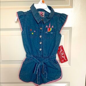Real Love Blue Denim Unicorn Romper with Ruffled Sleeves